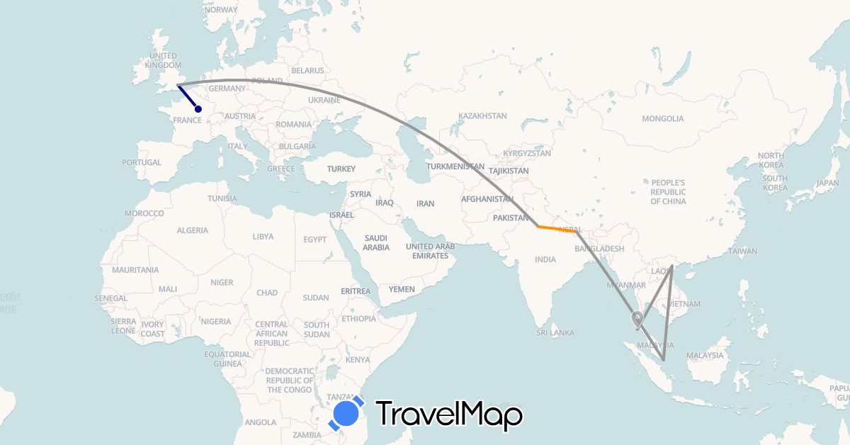 TravelMap itinerary: driving, plane, hitchhiking in France, United Kingdom, India, Nepal, Singapore, Thailand, Vietnam (Asia, Europe)